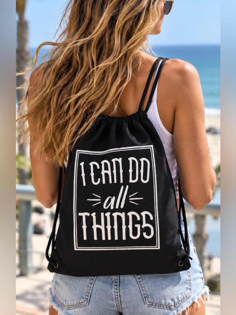 CaliGirl I Can Do All Things Drawstring Backpack Black White Inspirational Bag